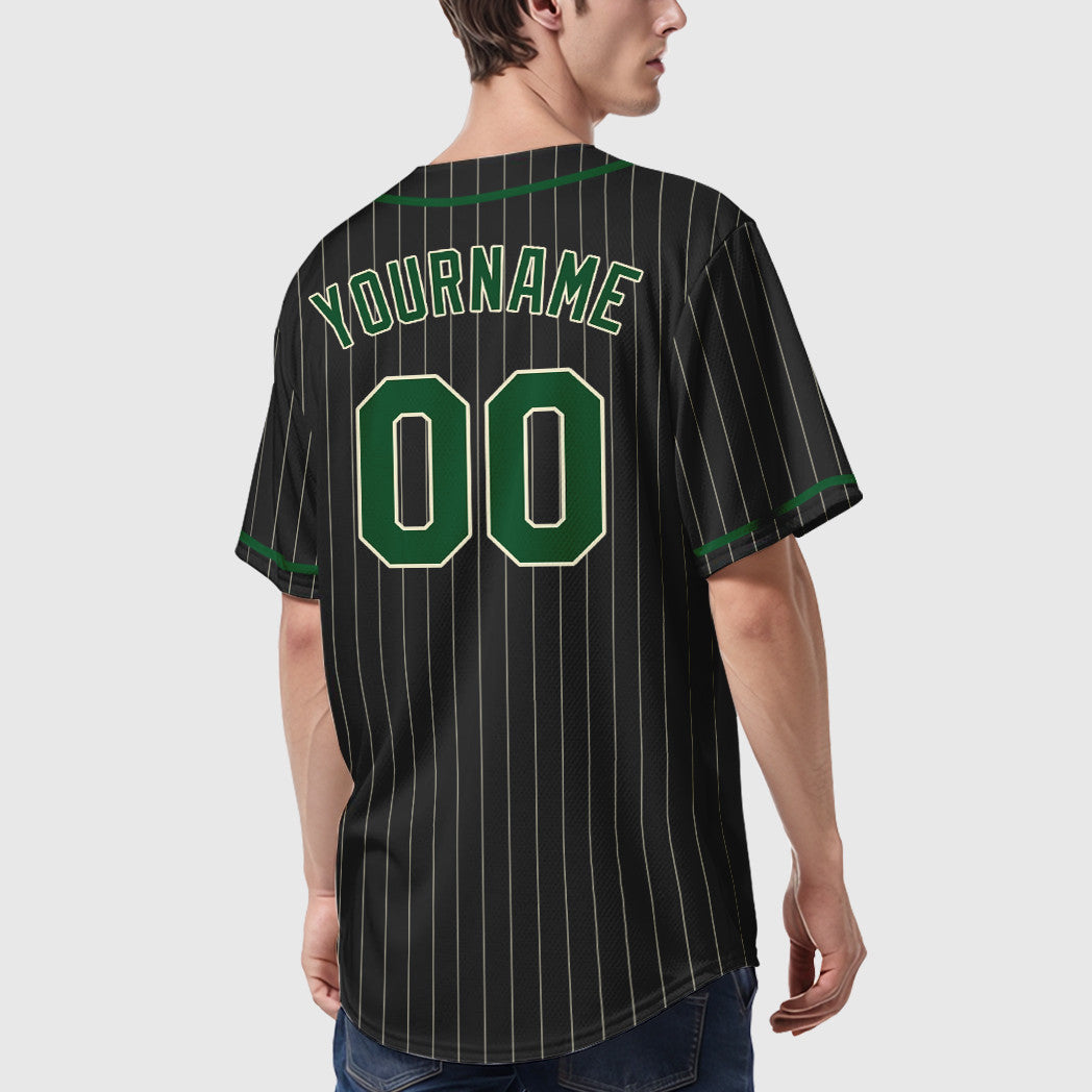 Custom Black Cream Green Piping Pinstripe Baseball Jersey