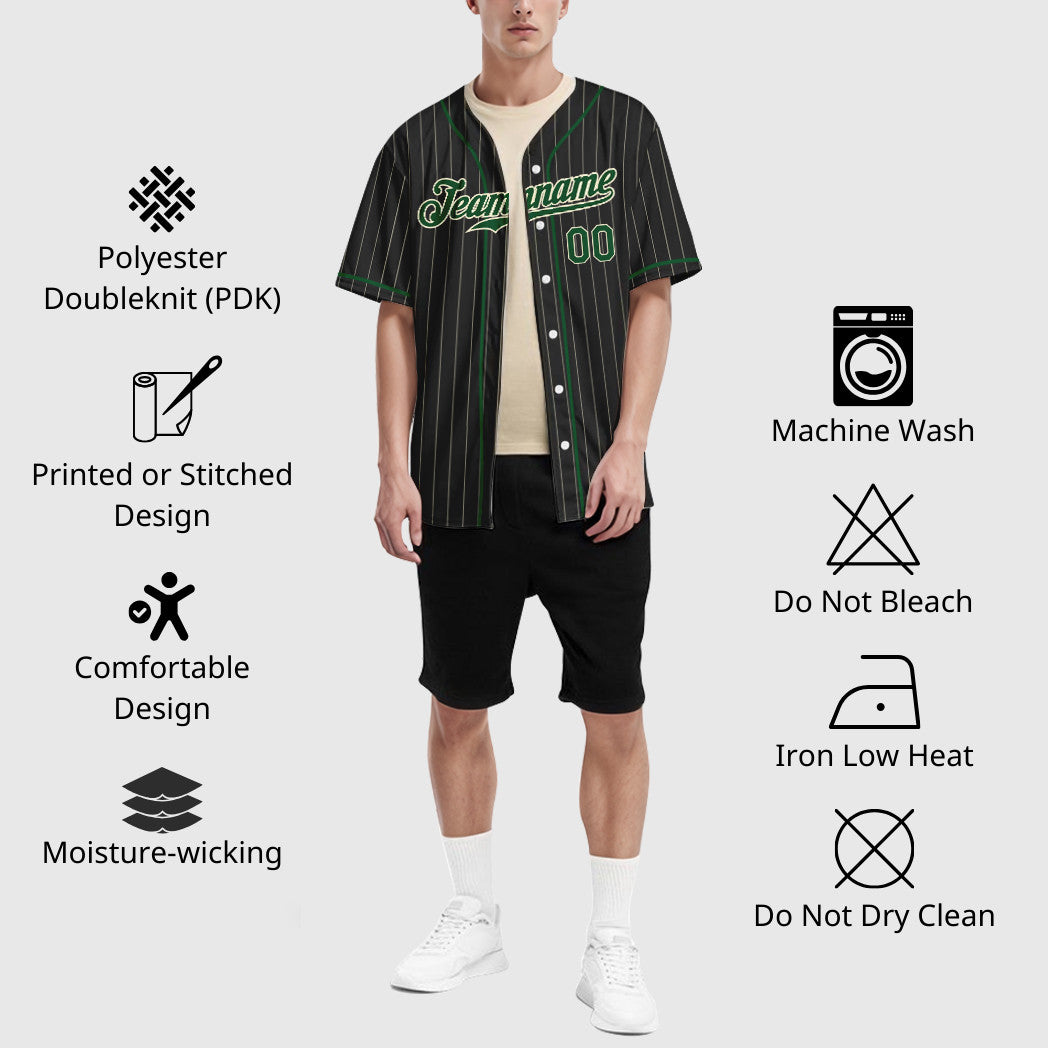 Custom Black Cream Green Piping Pinstripe Baseball Jersey