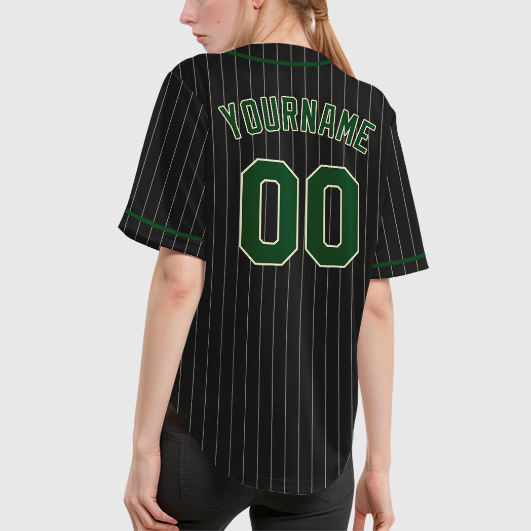 Custom Black Cream Green Piping Pinstripe Baseball Jersey
