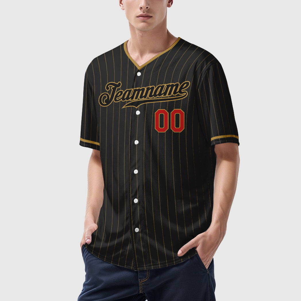 Custom Black Old Gold Red-Old Gold Pinstripe Baseball Jersey