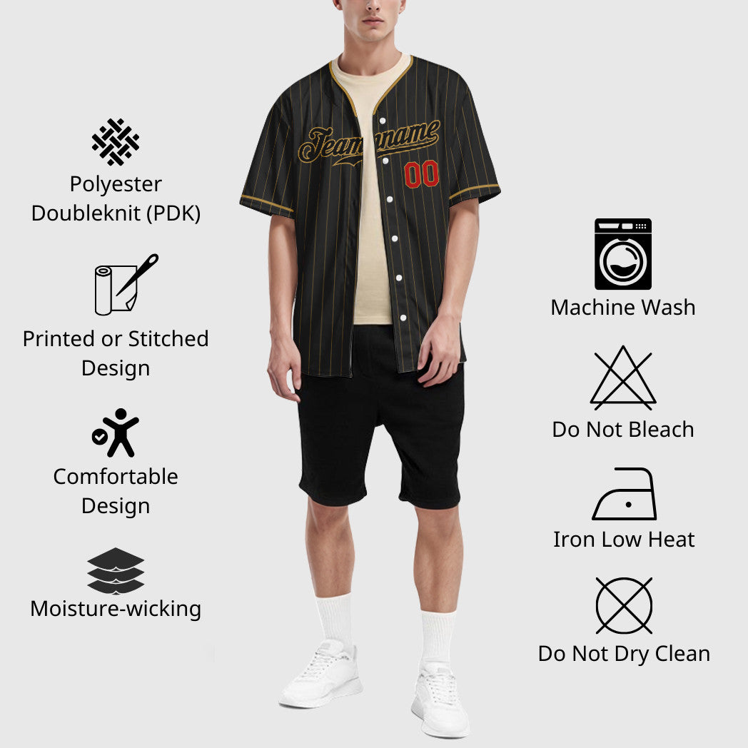 Custom Black Old Gold Red-Old Gold Pinstripe Baseball Jersey