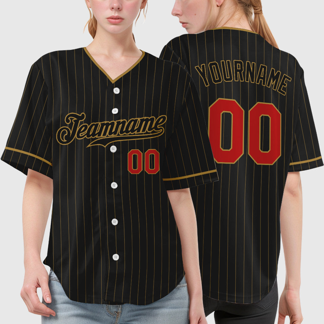 Custom Black Old Gold Red-Old Gold Pinstripe Baseball Jersey