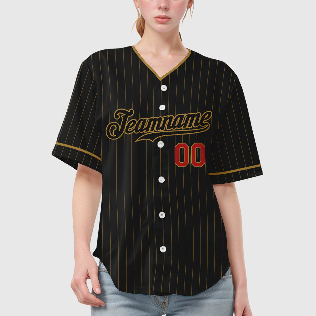 Custom Black Old Gold Red-Old Gold Pinstripe Baseball Jersey