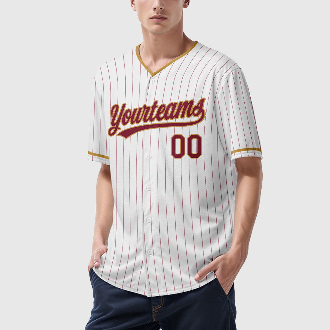 Custom White Crimson Crimson-Old Gold Pinstripe Baseball Jersey