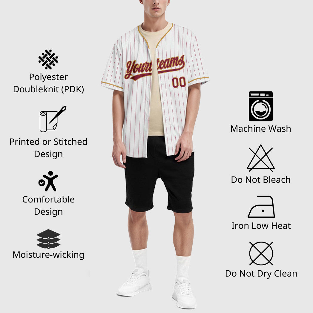 Custom White Crimson Crimson-Old Gold Pinstripe Baseball Jersey