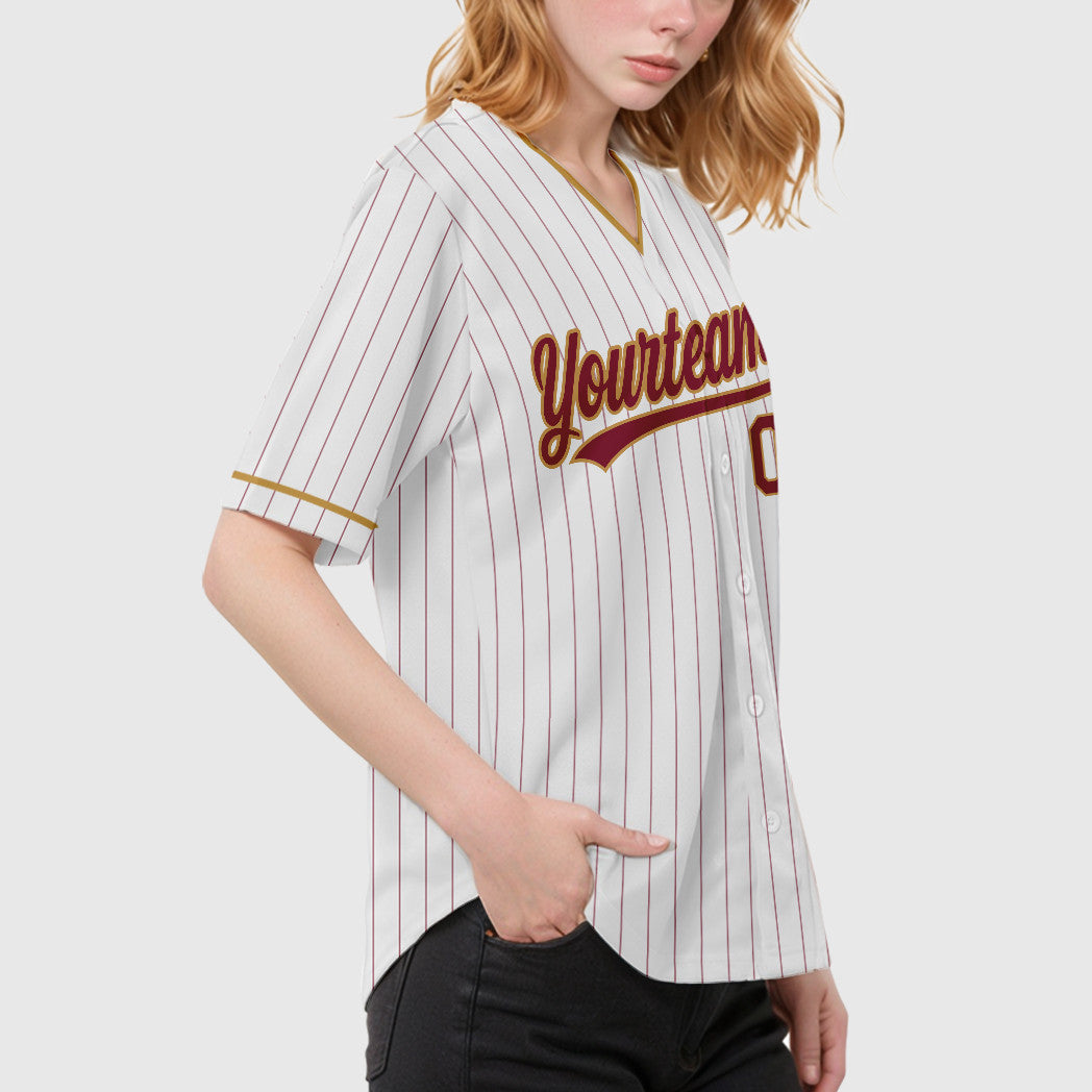 Custom White Crimson Crimson-Old Gold Pinstripe Baseball Jersey