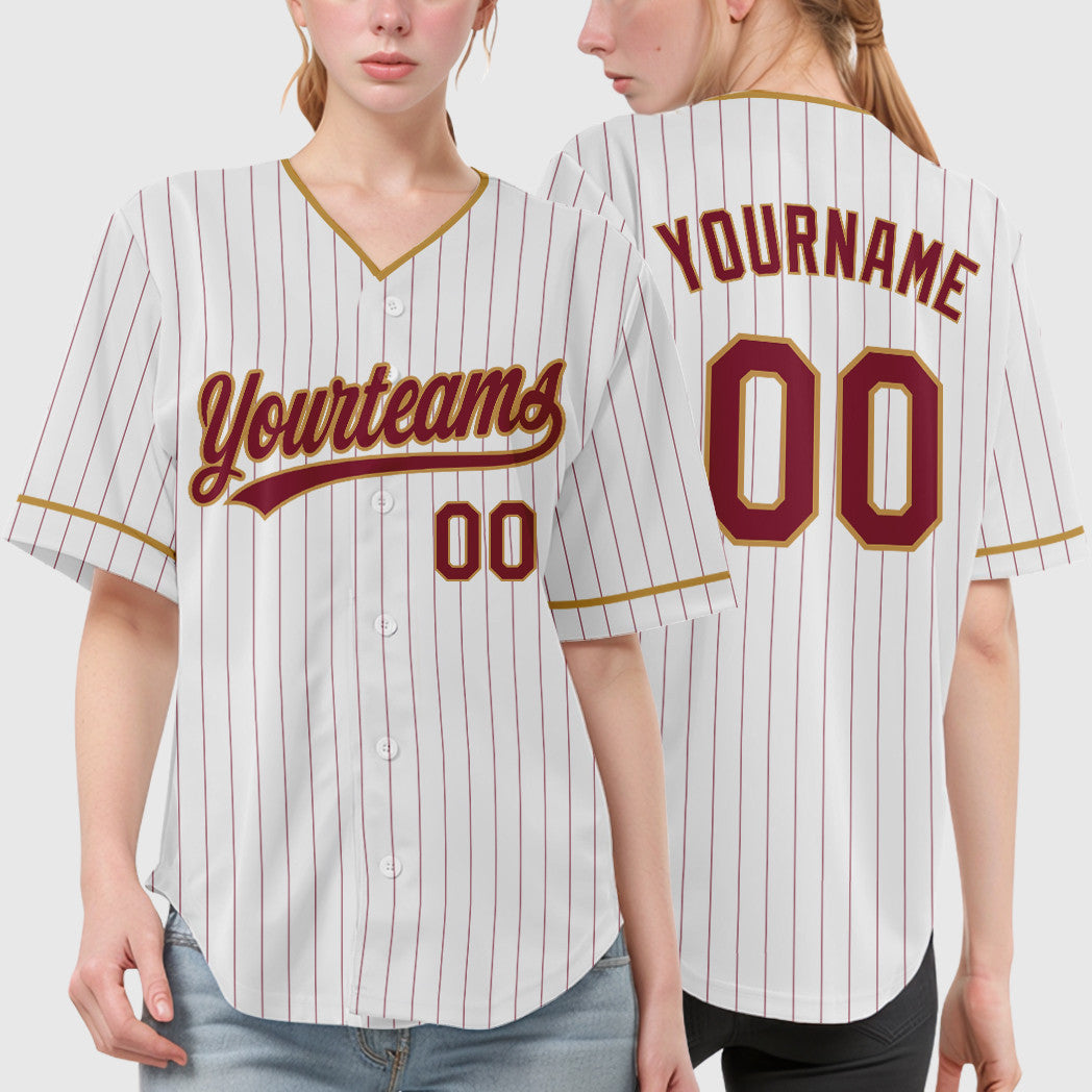 Custom White Crimson Crimson-Old Gold Pinstripe Baseball Jersey