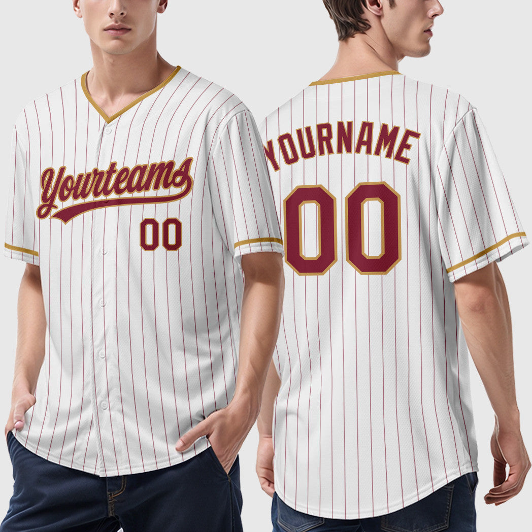 Custom White Crimson Crimson-Old Gold Pinstripe Baseball Jersey