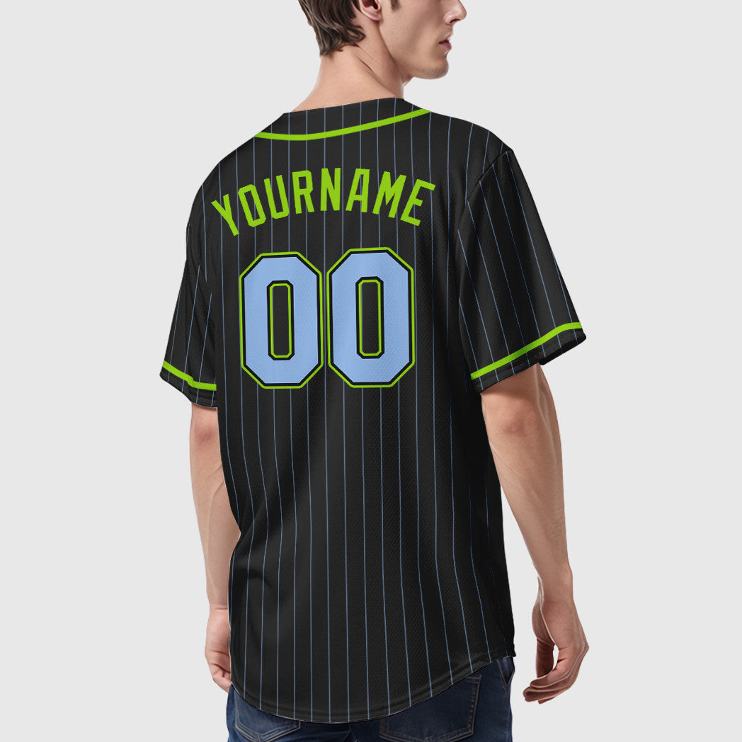 Custom Black Light Blue Light Blue-Neon Green Piping Pinstripe Baseball Jersey
