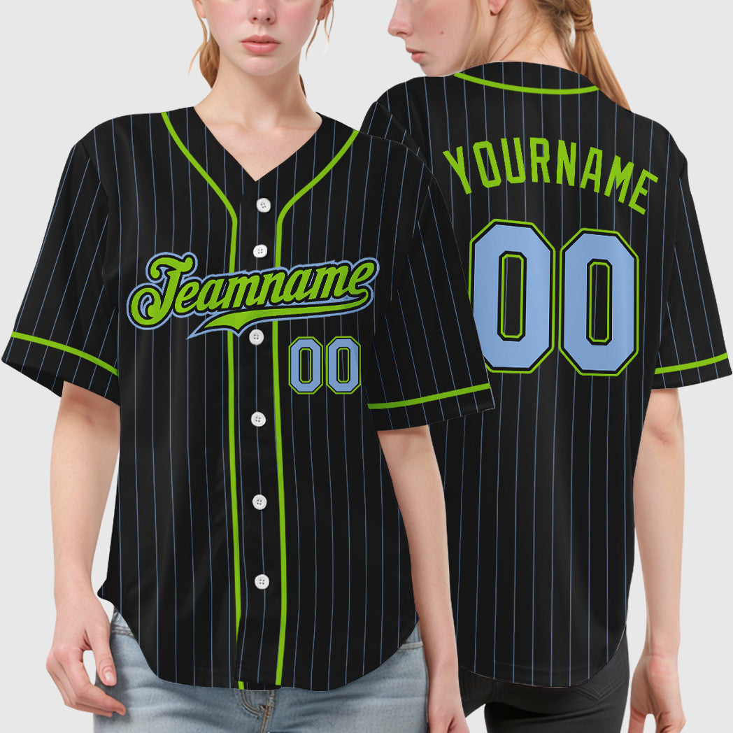 Custom Black Light Blue Light Blue-Neon Green Piping Pinstripe Baseball Jersey