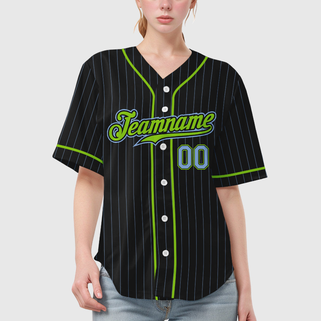 Custom Black Light Blue Light Blue-Neon Green Piping Pinstripe Baseball Jersey