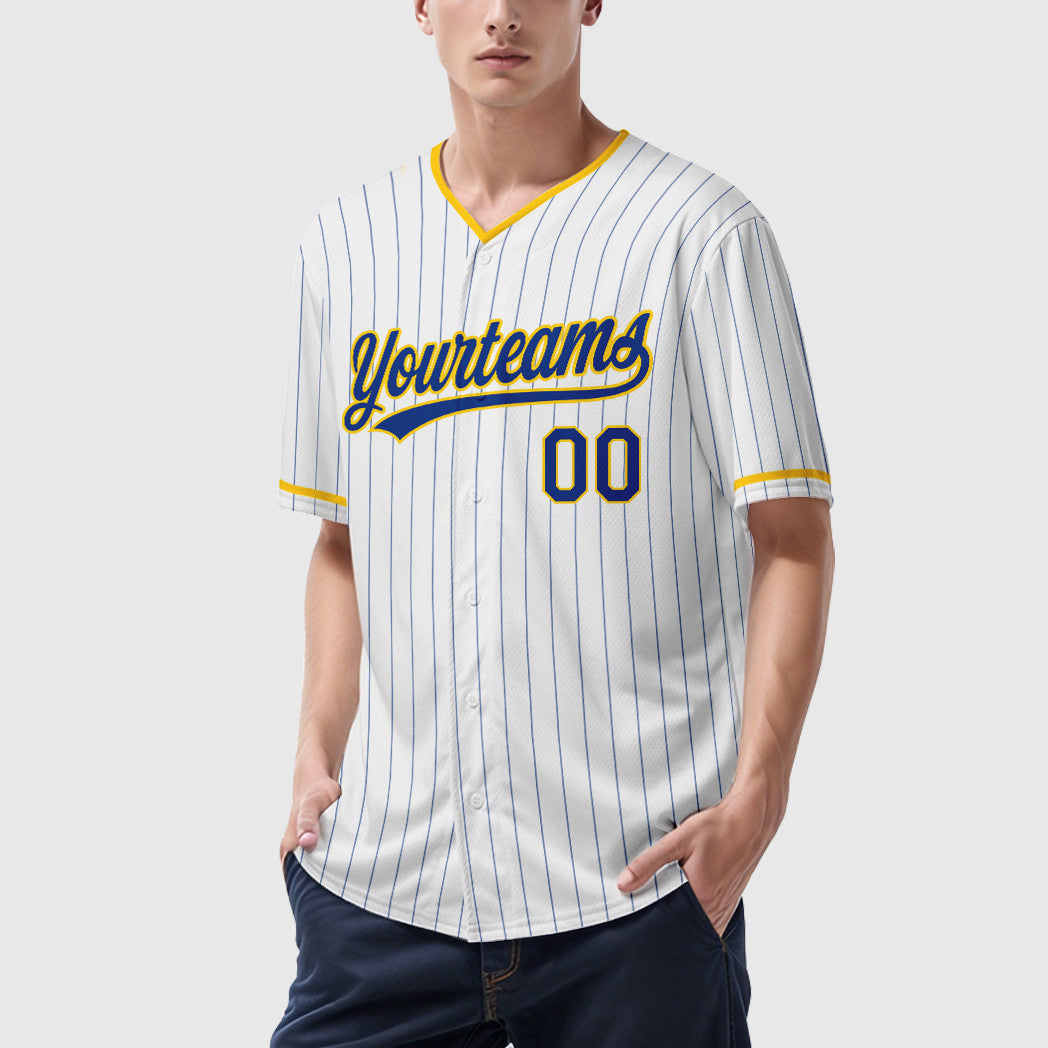 Custom White Royal Royal-Yellow Pinstripe Baseball Jersey