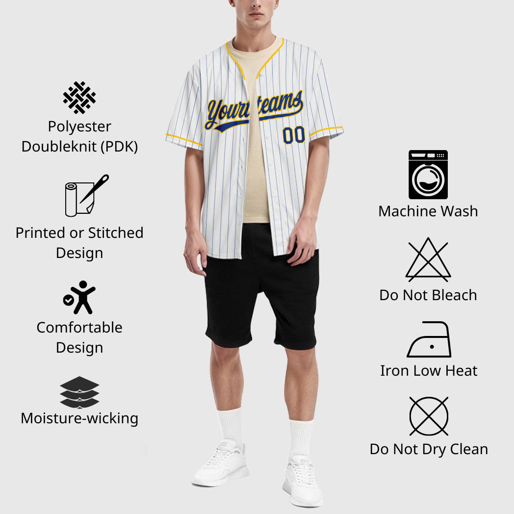 Custom White Royal Royal-Yellow Pinstripe Baseball Jersey