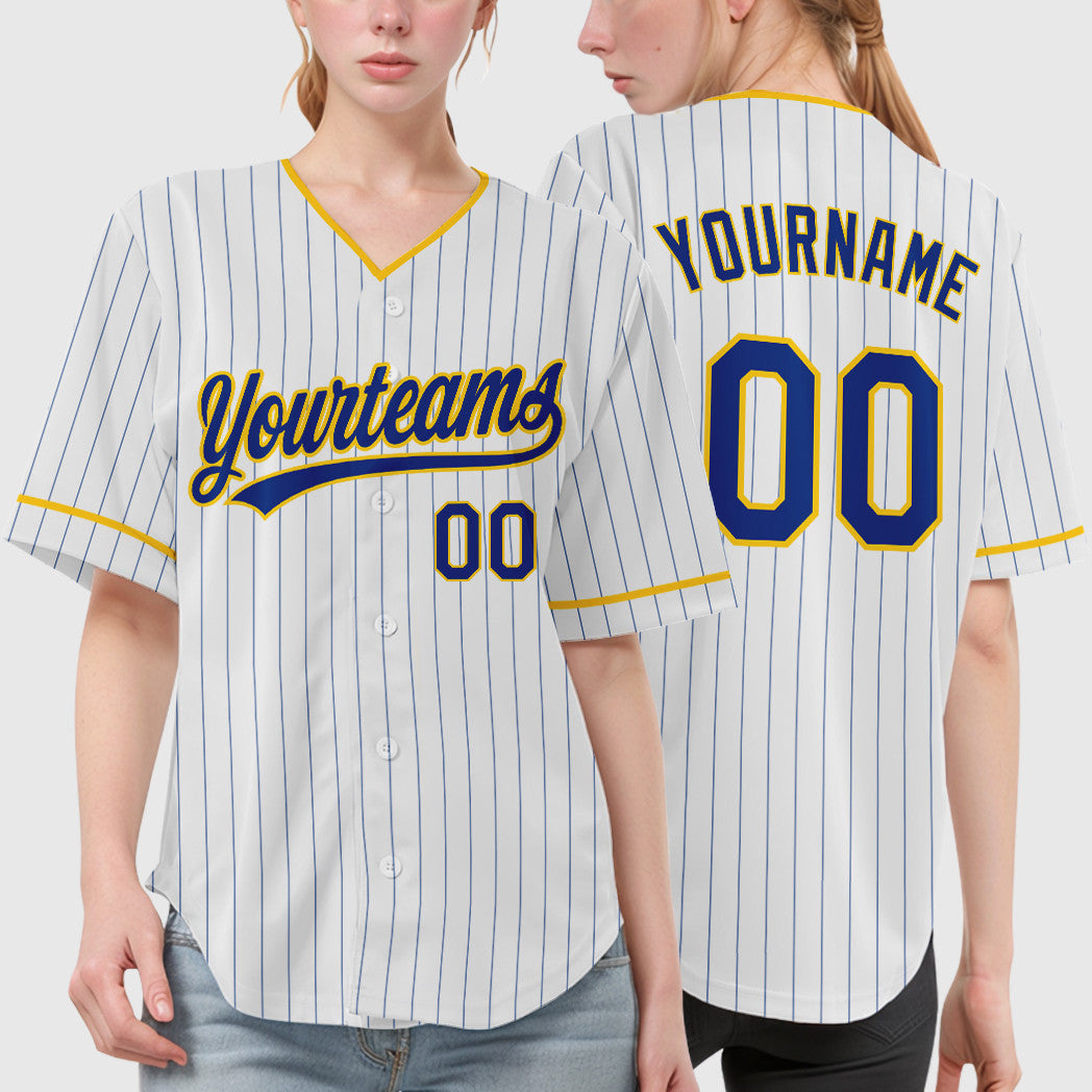 Custom White Royal Royal-Yellow Pinstripe Baseball Jersey