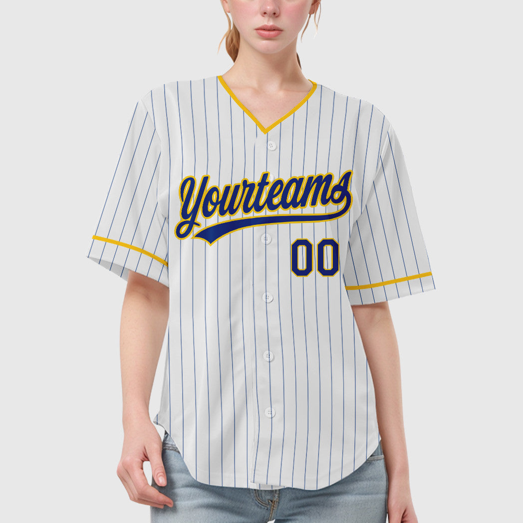Custom White Royal Royal-Yellow Pinstripe Baseball Jersey