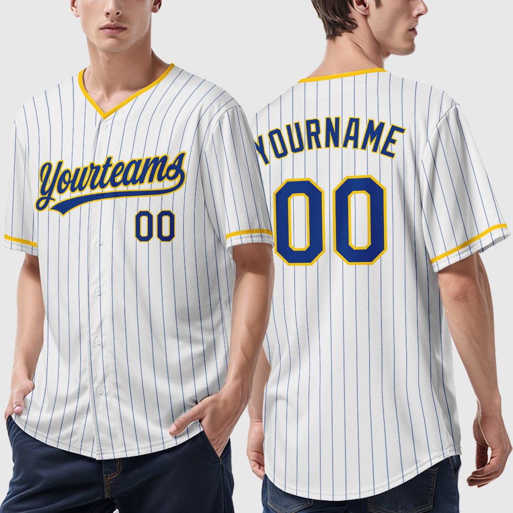 Custom White Royal Royal-Yellow Pinstripe Baseball Jersey