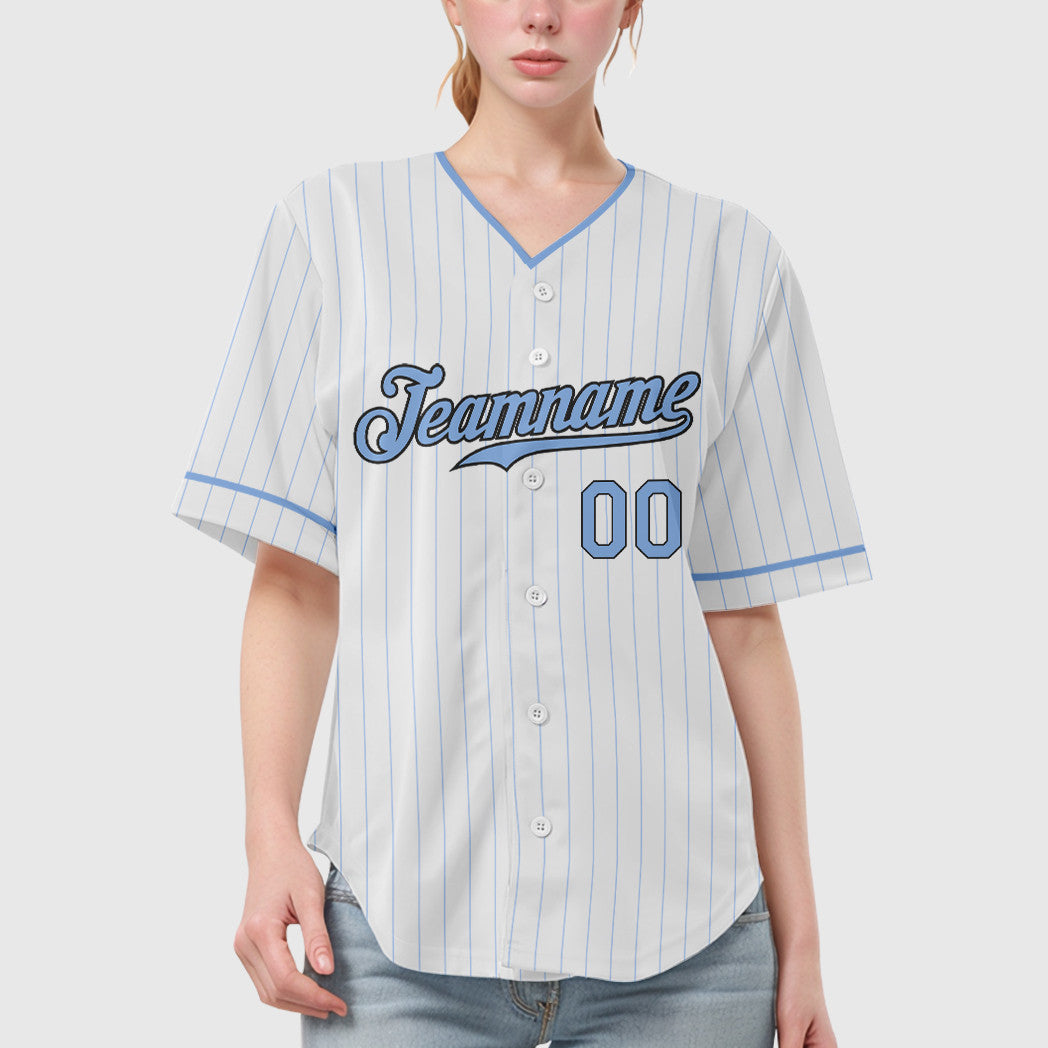 Custom White Light Blue Steel Gray Pinstripe Baseball Jersey