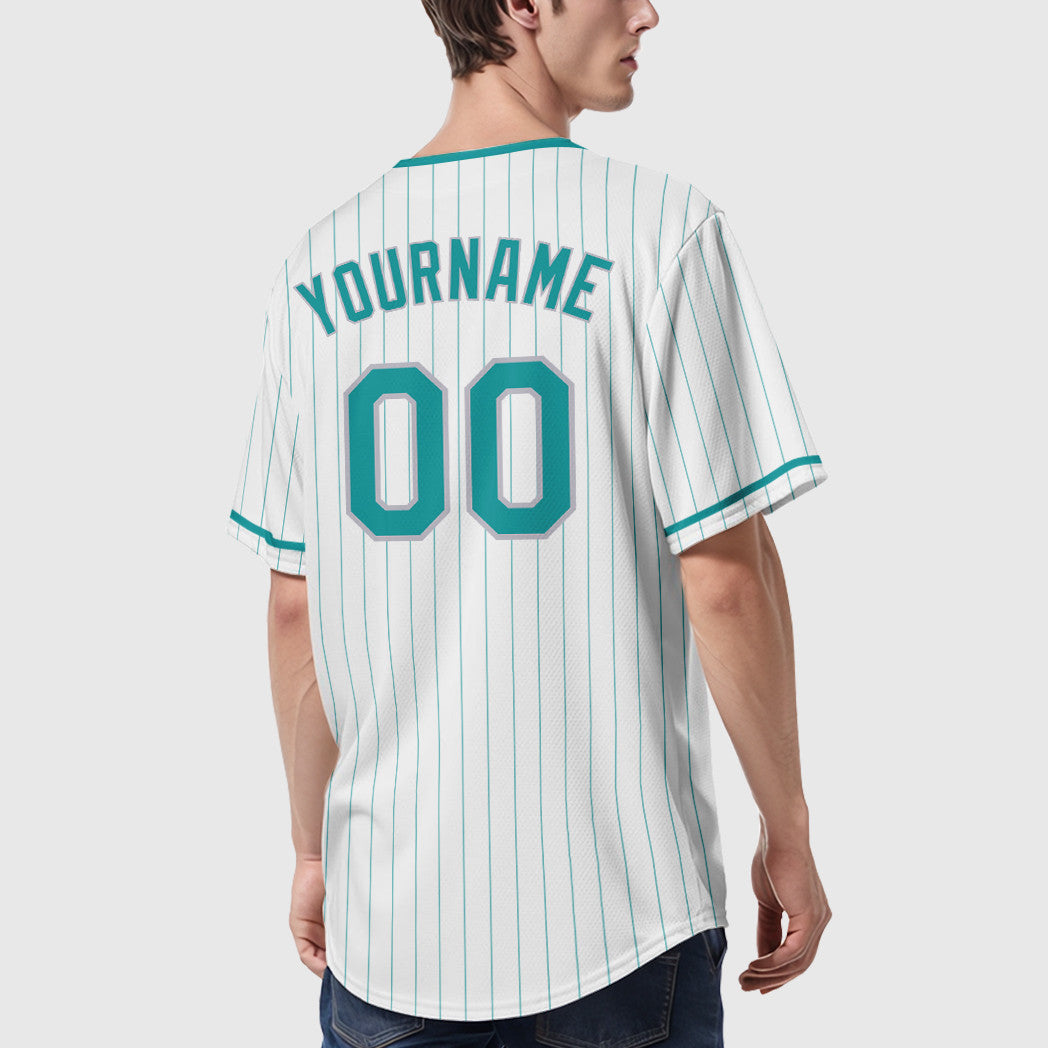 Custom White Teal Gray Pinstripe Baseball Jersey