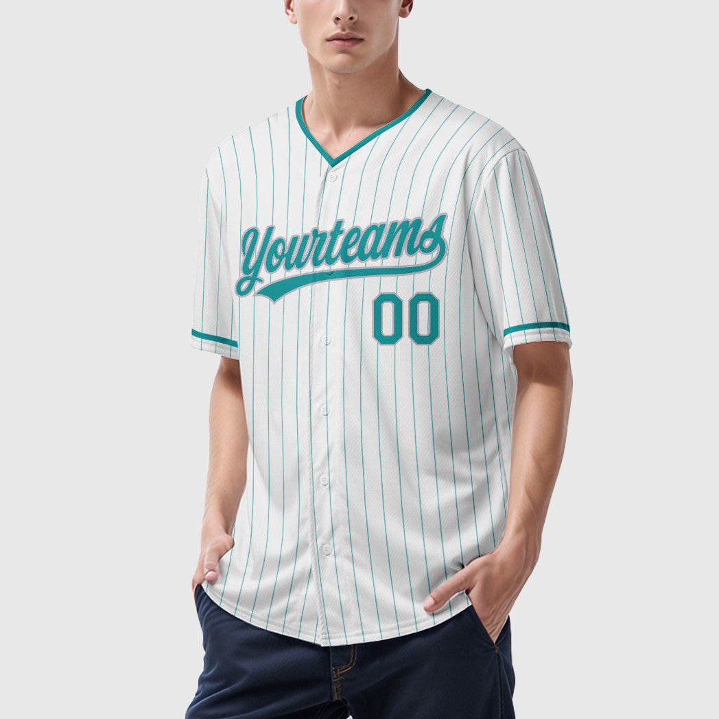 Custom White Teal Gray Pinstripe Baseball Jersey