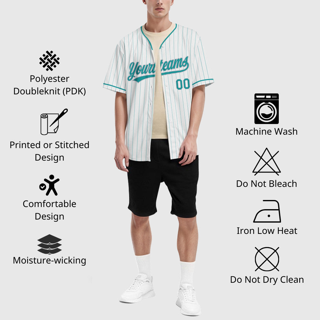 Custom White Teal Gray Pinstripe Baseball Jersey