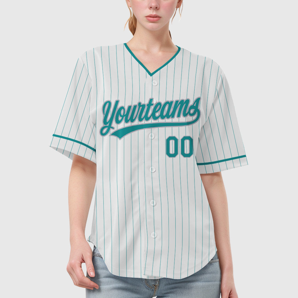 Custom White Teal Gray Pinstripe Baseball Jersey