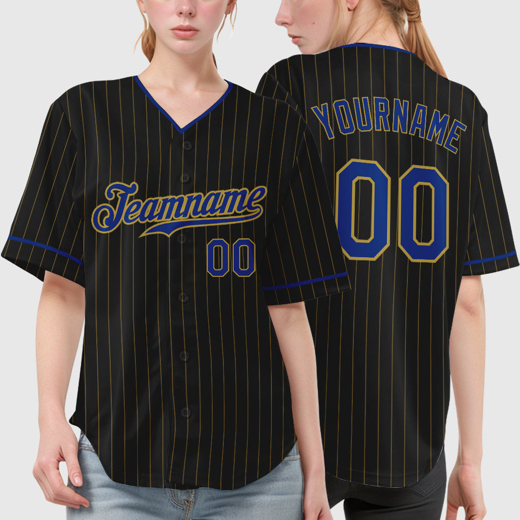 Custom Black Old Gold Royal Pinstripe Baseball Jersey