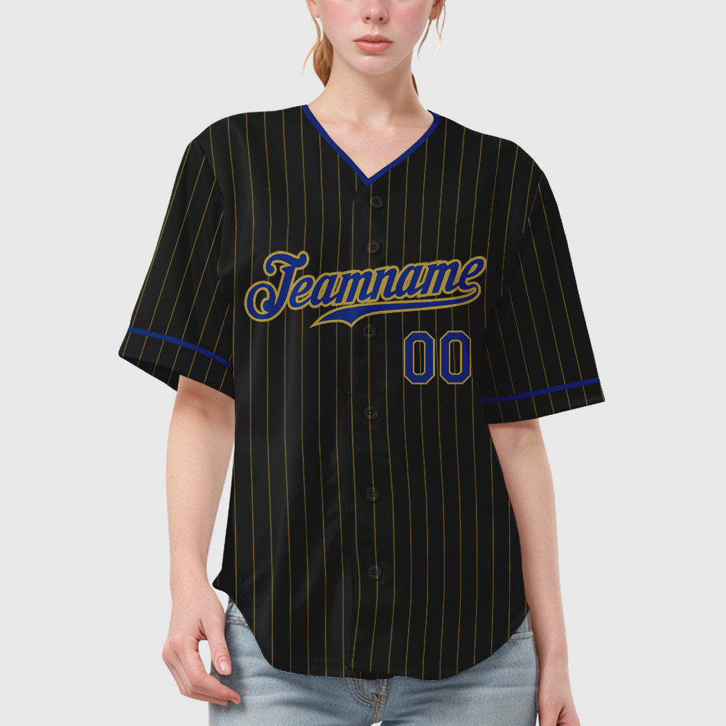 Custom Black Old Gold Royal Pinstripe Baseball Jersey