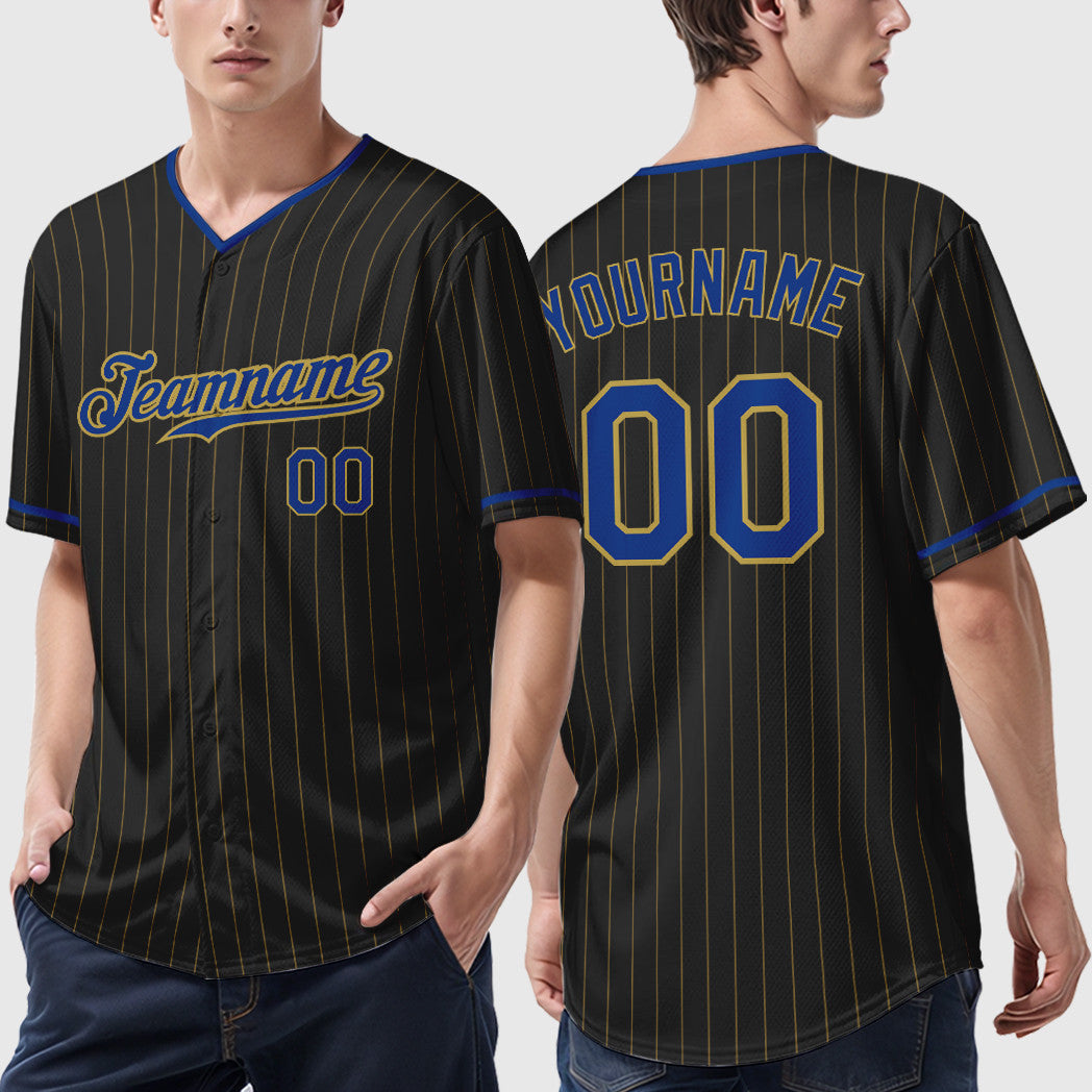Custom Black Old Gold Royal Pinstripe Baseball Jersey