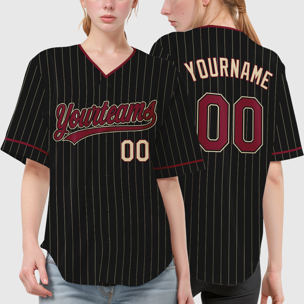 Custom Black Cream Crimson-Cream Pinstripe Baseball Jersey