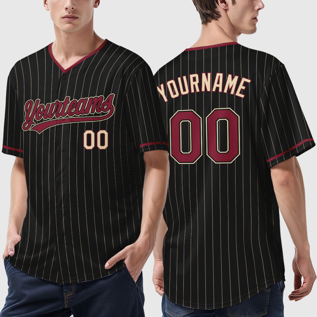 Custom Black Cream Crimson-Cream Pinstripe Baseball Jersey