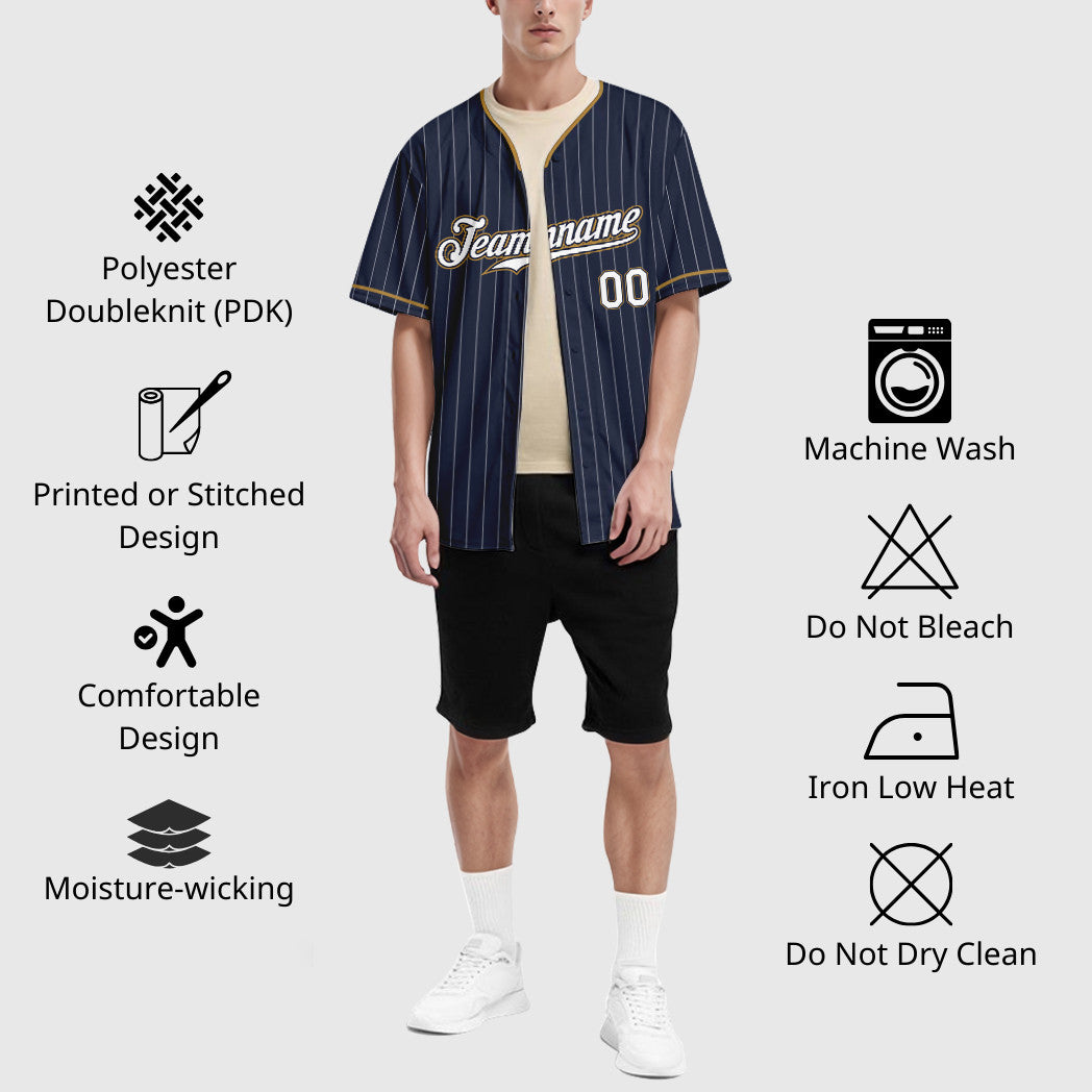 Custom Navy White White-Old Gold Pinstripe Baseball Jersey