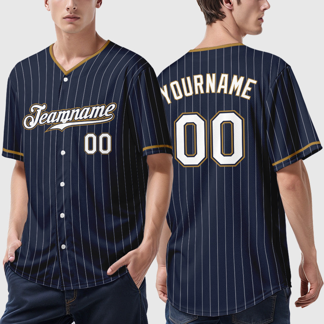 Custom Navy White White-Old Gold Pinstripe Baseball Jersey