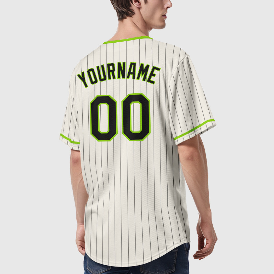 Custom Cream Black Neon Green Pinstripe Baseball Jersey