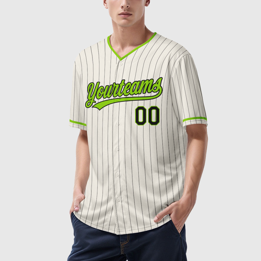 Custom Cream Black Neon Green Pinstripe Baseball Jersey
