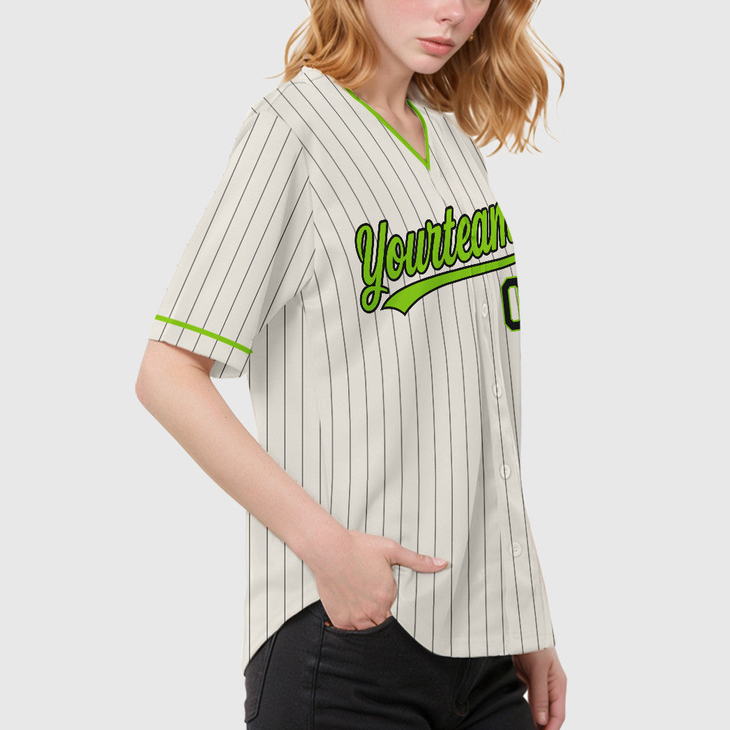 Custom Cream Black Neon Green Pinstripe Baseball Jersey