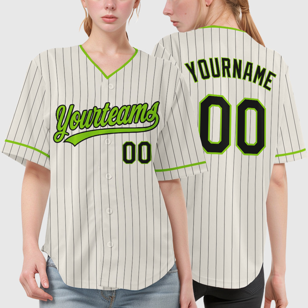 Custom Cream Black Neon Green Pinstripe Baseball Jersey