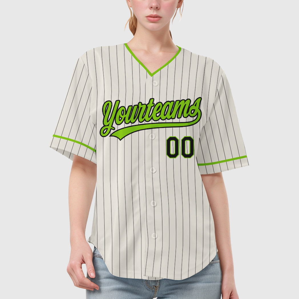 Custom Cream Black Neon Green Pinstripe Baseball Jersey