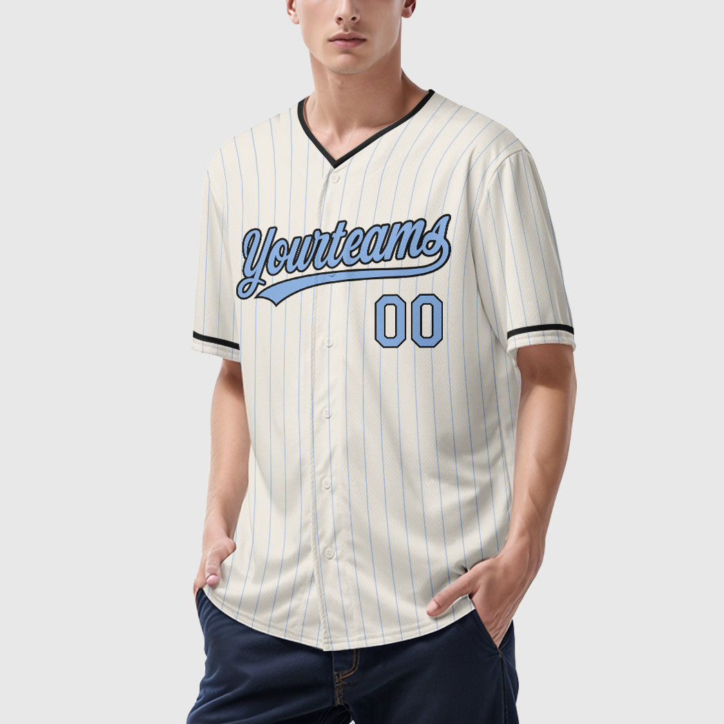 Custom Cream Light Blue Black Pinstripe Baseball Jersey