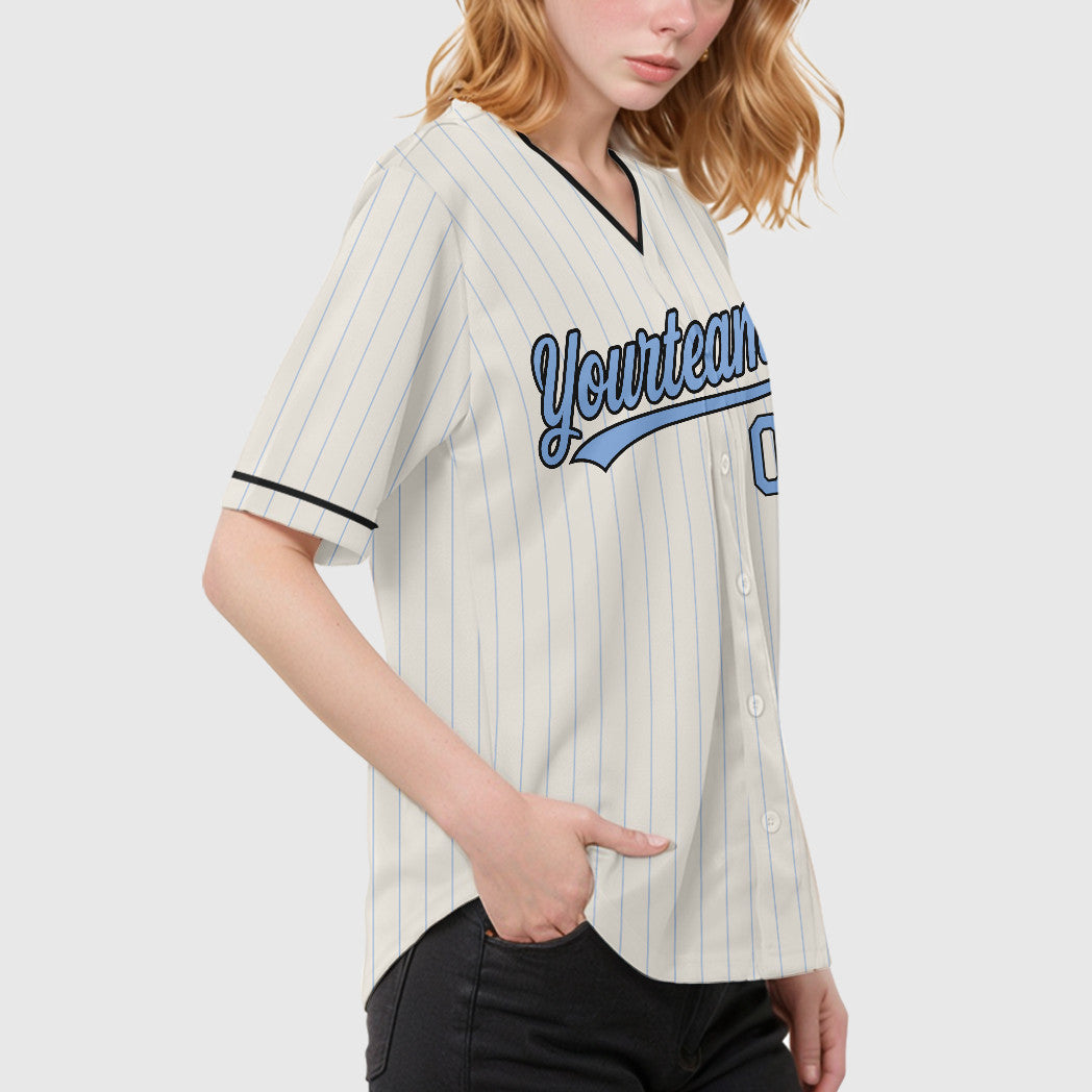 Custom Cream Light Blue Black Pinstripe Baseball Jersey