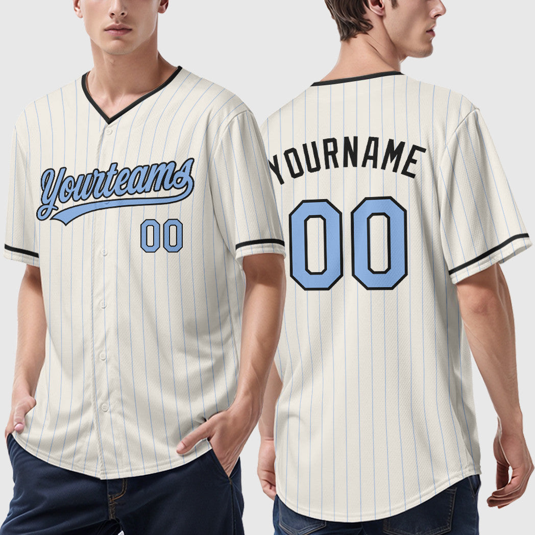 Custom Cream Light Blue Black Pinstripe Baseball Jersey