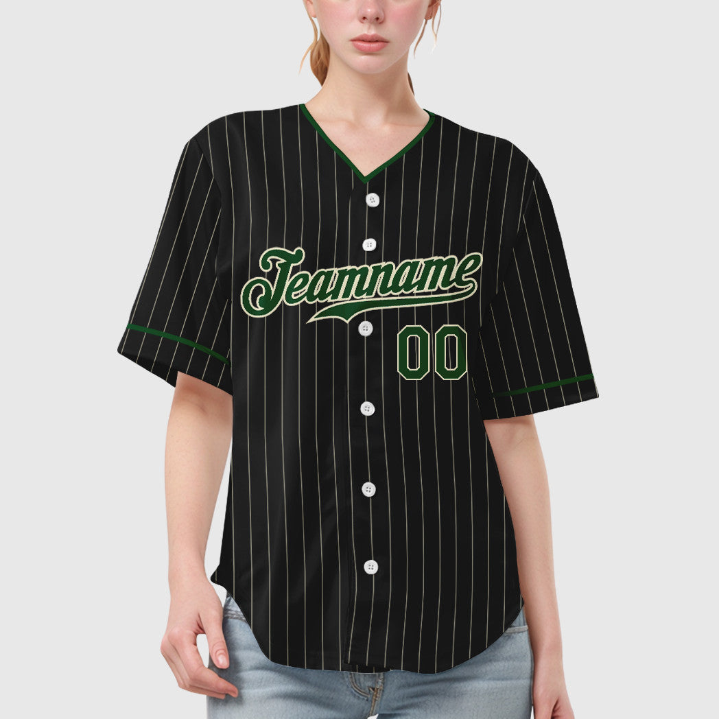 Custom Black Cream Green Pinstripe Baseball Jersey