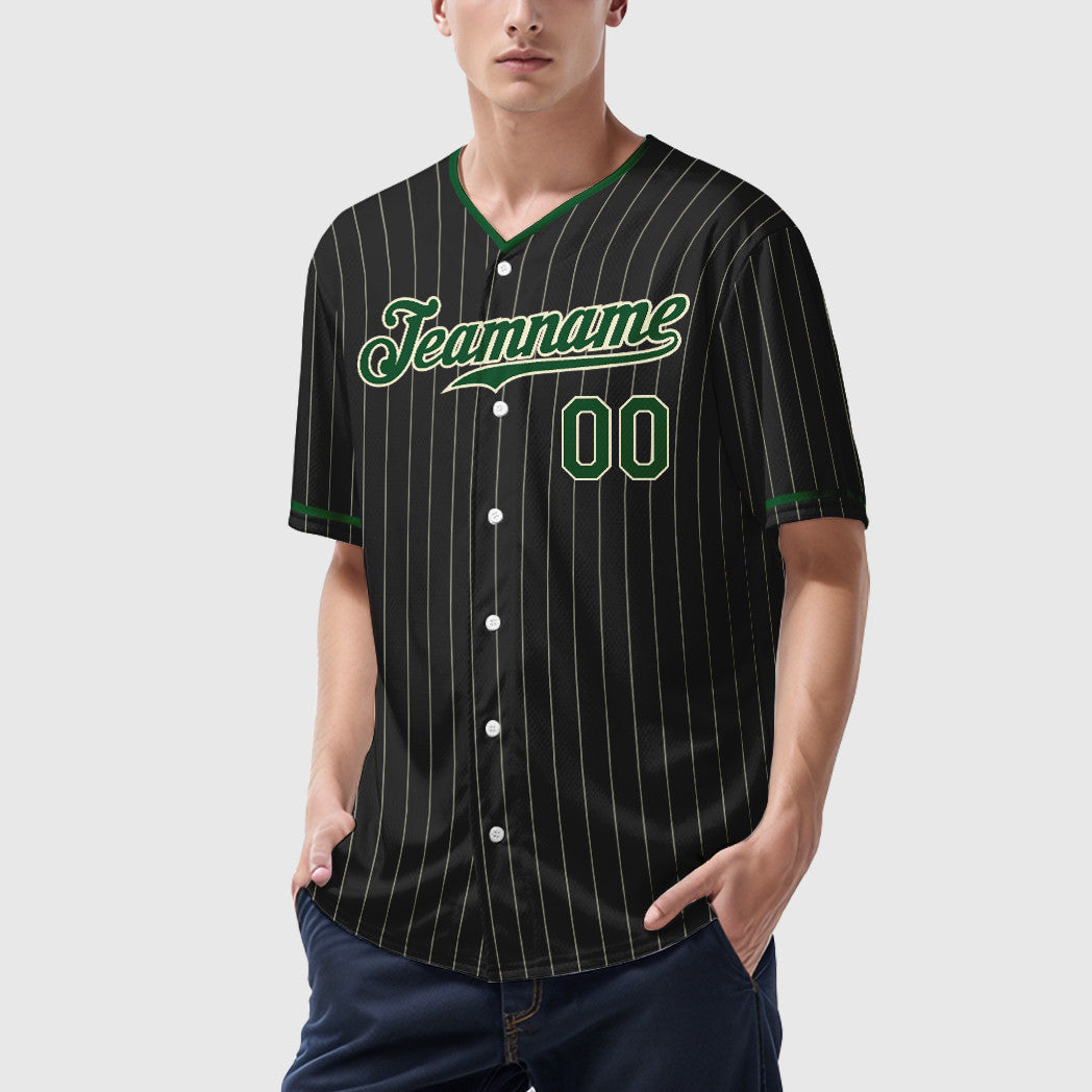 Custom Black Cream Green Pinstripe Baseball Jersey