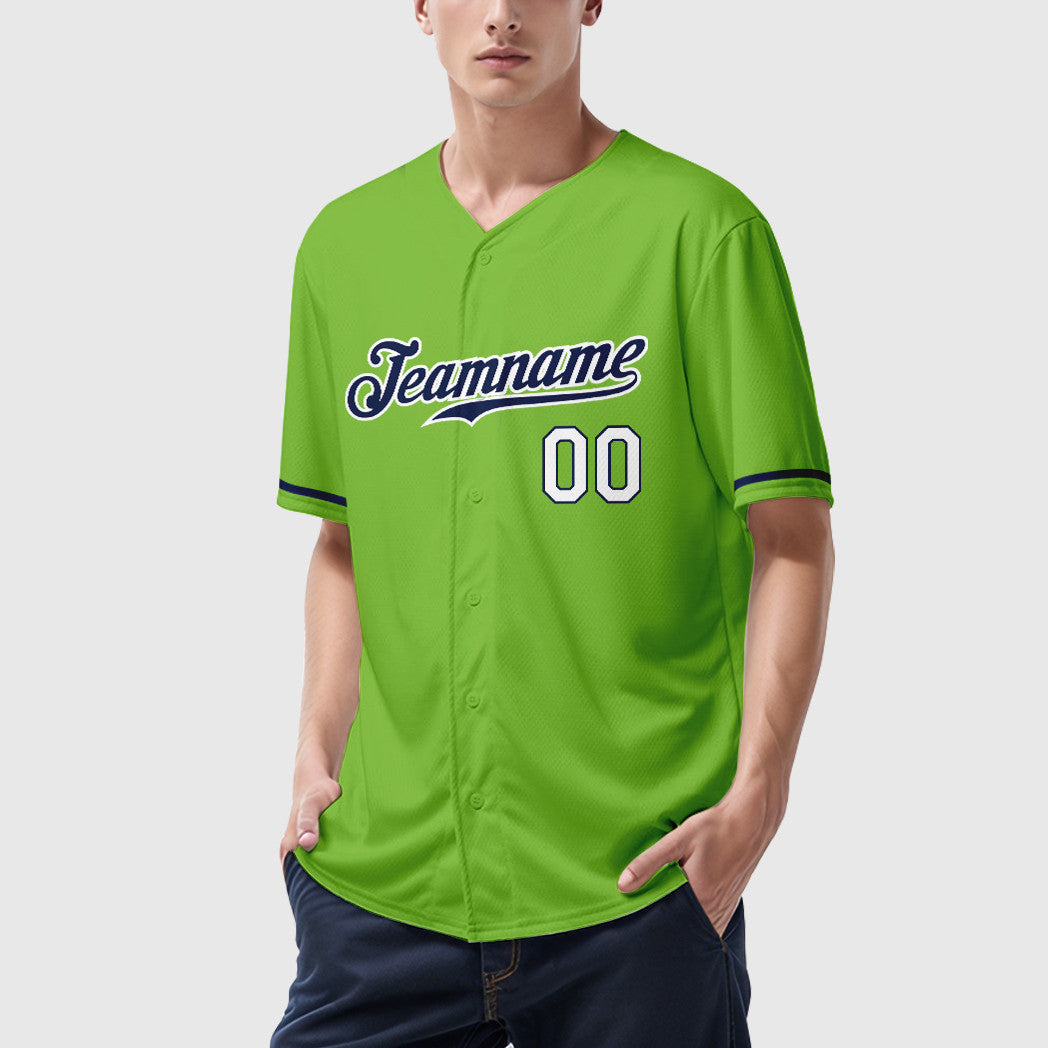 Custom Neon Green Navy Navy-White Baseball Jersey