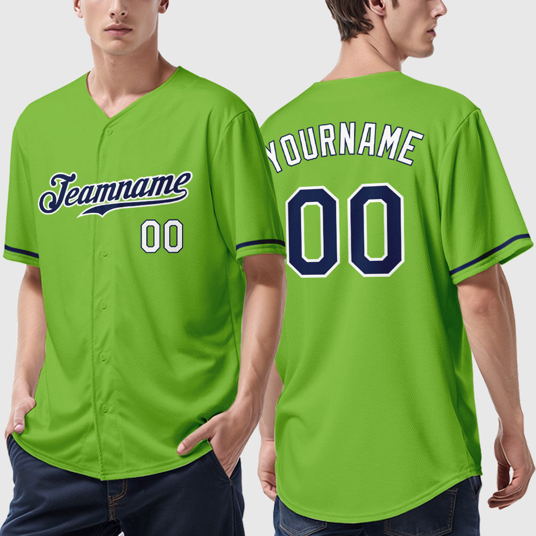 Custom Neon Green Navy Navy-White Baseball Jersey