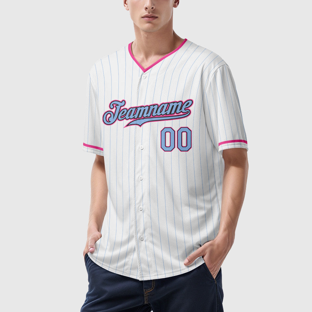 Custom White Light Blue Light Blue Black-Pink Pinstripe Baseball Jersey