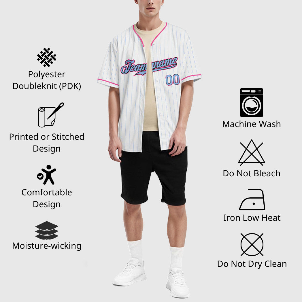 Custom White Light Blue Light Blue Black-Pink Pinstripe Baseball Jersey