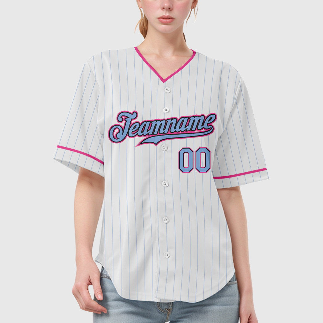 Custom White Light Blue Light Blue Black-Pink Pinstripe Baseball Jersey