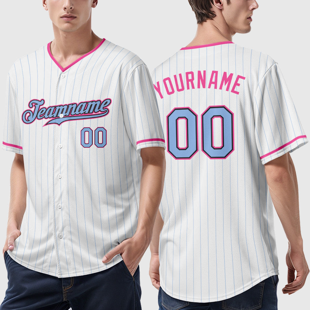 Custom White Light Blue Light Blue Black-Pink Pinstripe Baseball Jersey