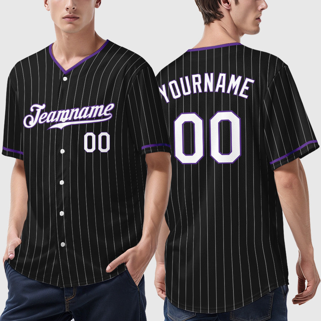 Custom Black White White-Purple Pinstripe Baseball Jersey