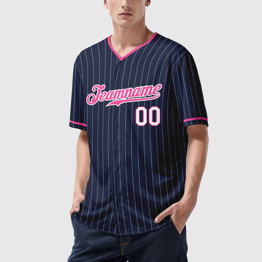 Custom Navy White Pink-White Pinstripe Baseball Jersey